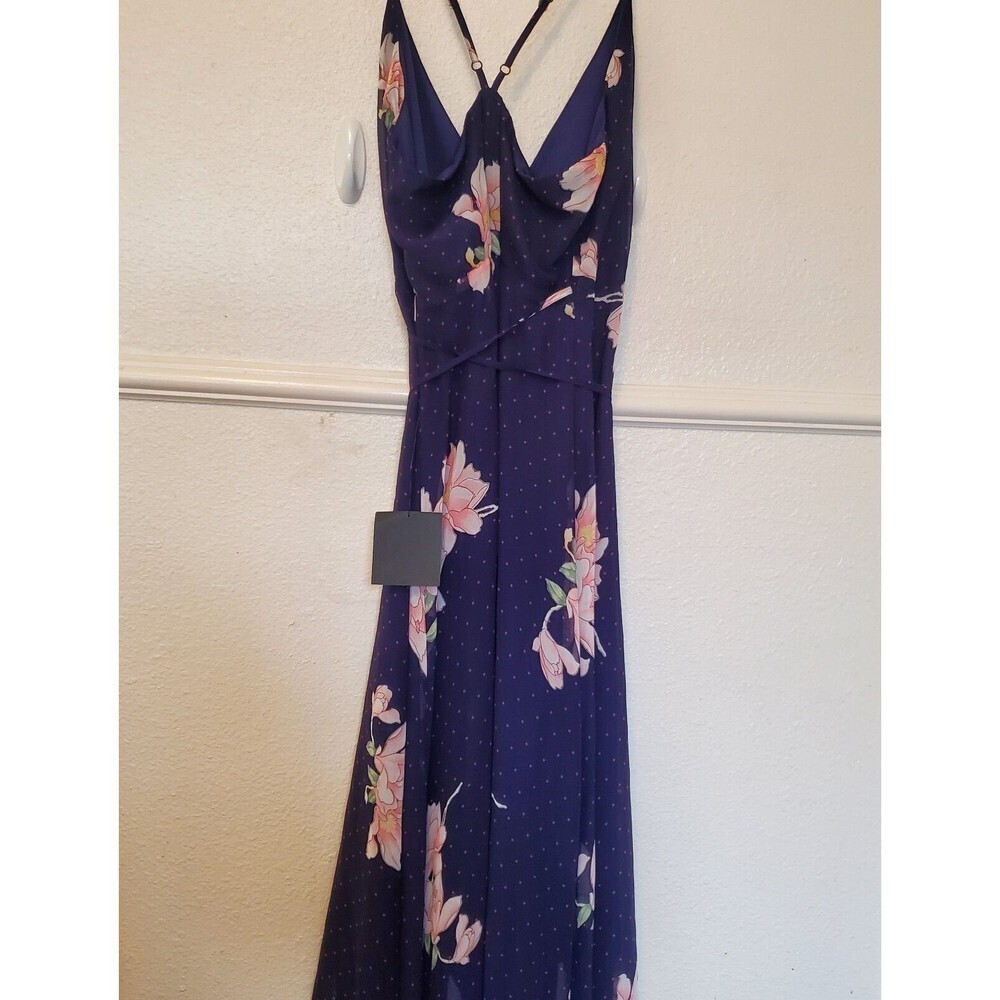 Lulus Maxi Dress Loiselle Navy Blue Floral Print Polka Dot Wrap Dress Size M NWT - Picture 14 of 16